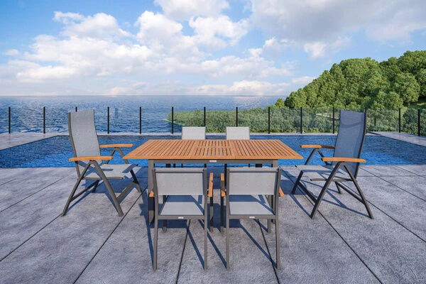 VILLANA Esstischgarnitur, Anthrazit/grau, Alu/ FSC-Akazienholz, Ausziehtisch 150/200 Cm, 4 Stapelstühle, 2 Multipositionssessel 10 VILLANA Esstischgarnitur, Anthrazit/grau, Alu/ FSC-Akazienholz, Ausziehtisch 150/200 Cm, 4 Stapelstühle, 2 Multipositionssessel – Bild 8