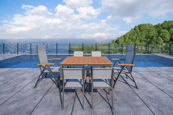 VILLANA Esstischgarnitur, Anthrazit/grau, Alu/ FSC-Akazienholz, Ausziehtisch 150/200 Cm, 4 Stapelstühle, 2 Multipositionssessel 11 VILLANA Esstischgarnitur, Anthrazit/grau, Alu/ FSC-Akazienholz, Ausziehtisch 150/200 Cm, 4 Stapelstühle, 2 Multipositionssessel – Bild 9