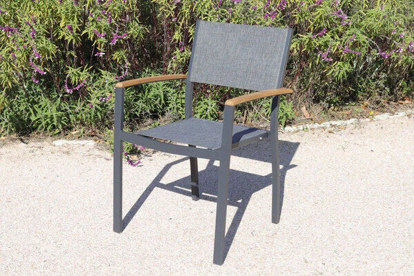 VILLANA Esstischgarnitur, Anthrazit/grau, Alu/ FSC-Akazienholz, Ausziehtisch 150/200 Cm, 4 Stapelstühle, 2 Multipositionssessel 6 VILLANA Esstischgarnitur, Anthrazit/grau, Alu/ FSC-Akazienholz, Ausziehtisch 150/200 Cm, 4 Stapelstühle, 2 Multipositionssessel – Bild 4