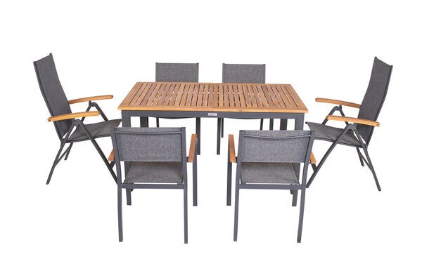 VILLANA Esstischgarnitur, Anthrazit/grau, Alu/ FSC-Akazienholz, Ausziehtisch 150/200 Cm, 4 Stapelstühle, 2 Multipositionssessel 14 VILLANA Esstischgarnitur, Anthrazit/grau, Alu/ FSC-Akazienholz, Ausziehtisch 150/200 Cm, 4 Stapelstühle, 2 Multipositionssessel – Bild 12