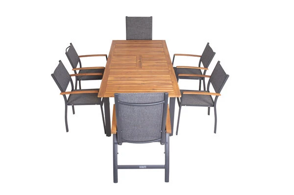 VILLANA Esstischgarnitur, Anthrazit/grau, Alu/ FSC-Akazienholz, Ausziehtisch 150/200 Cm, 4 Stapelstühle, 2 Multipositionssessel 15 VILLANA Esstischgarnitur, Anthrazit/grau, Alu/ FSC-Akazienholz, Ausziehtisch 150/200 Cm, 4 Stapelstühle, 2 Multipositionssessel – Bild 13