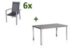 KETTLER Cubic Esstischgarnitur, Silber/anthrazit/grau, Alu/Textilene, Tisch 160x90 Cm, 6 Stapelsessel