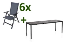 KETTLER Cubic Esstischgarnitur, Anthrazit/grau, Alu/HPL/Textilene, 140/210x70 Cm, 6 Multipos