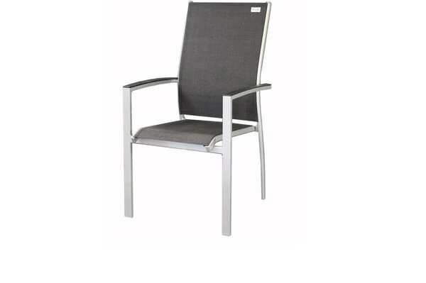 DOPPLER Expert Esstischgarnitur, Silber/schwarz, Alu/Textilene, 4 Stapelsessel, 2 Hochlehner, 150-210x90cm 4 DOPPLER Expert Esstischgarnitur, Silber/schwarz, Alu/Textilene, 4 Stapelsessel, 2 Hochlehner, 150-210x90cm – Bild 2