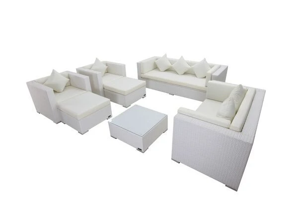 OUTFLEXX Loungemöbel-Set, Weiß, Polyrattan, Für 9 Personen, Inkl. Kaffeetisch, Wasserfeste Kissenbox 4 OUTFLEXX Loungemöbel-Set, Weiß, Polyrattan, Für 9 Personen, Inkl. Kaffeetisch, Wasserfeste Kissenbox – Bild 2