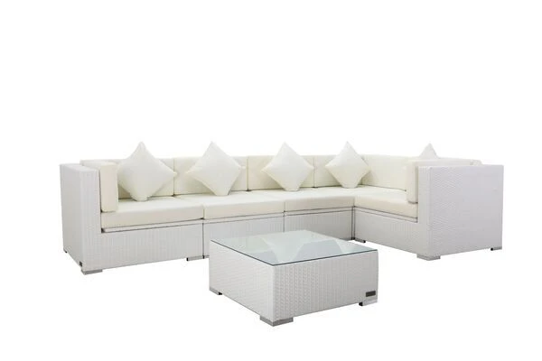 OUTFLEXX Loungemöbel Polyrattan, Weiß, Für 5 Personen, Inkl. Kaffeetisch, Wasserfeste Kissenbox 4 OUTFLEXX Loungemöbel Polyrattan, Weiß, Für 5 Personen, Inkl. Kaffeetisch, Wasserfeste Kissenbox – Bild 2