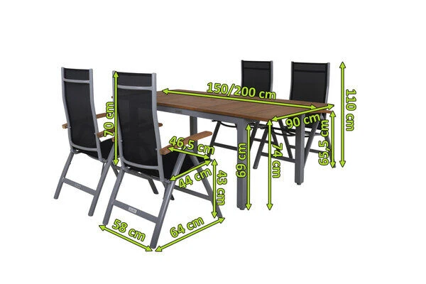 VILLANA Esstischgarnitur, Silber/schwarz, Alu / FSC-Akazienholz, Ausziehtisch 150/200 Cm, 4 Multipositionssessel 7 VILLANA Esstischgarnitur, Silber/schwarz, Alu / FSC-Akazienholz, Ausziehtisch 150/200 Cm, 4 Multipositionssessel – Bild 5