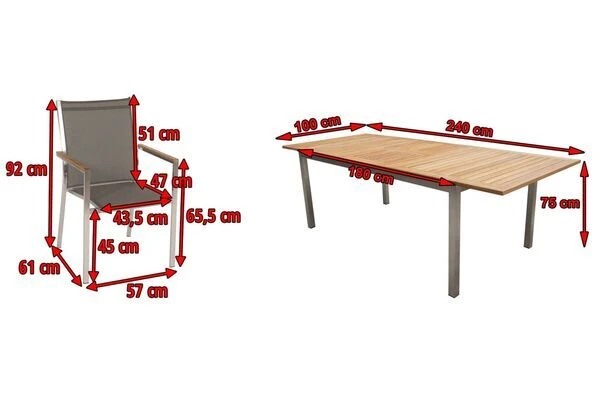 STERN Cardiff Esstischgruppe, Silber/taupe, Edelstahl/FSC-Teak, Tisch 180/240 X 100 Cm, 6 Stapelsessel 7 STERN Cardiff Esstischgruppe, Silber/taupe, Edelstahl/FSC-Teak, Tisch 180/240 X 100 Cm, 6 Stapelsessel – Bild 5