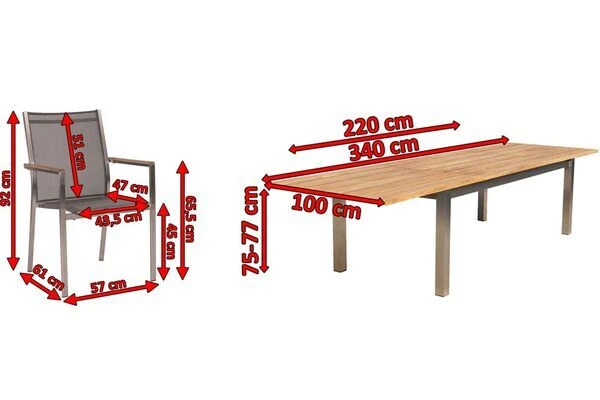 STERN Cardiff Esstischgruppe, Silber/silbergrau, Edelstahl/FSC-Teak, Tisch 220/340 X 100 Cm, 6 Stapelsessel 7 STERN Cardiff Esstischgruppe, Silber/silbergrau, Edelstahl/FSC-Teak, Tisch 220/340 X 100 Cm, 6 Stapelsessel – Bild 5