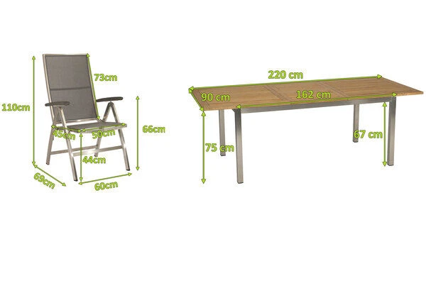 STERN Cardiff Esstischgarnitur, Silber/silbergrau, Edelstahl/Textilen/FSC-Teakholz/Alu, 162/220 X 90 Cm, 6 Multipos, Butterfly-Auszug 7 STERN Cardiff Esstischgarnitur, Silber/silbergrau, Edelstahl/Textilen/FSC-Teakholz/Alu, 162/220 X 90 Cm, 6 Multipos, Butterfly-Auszug – Bild 5