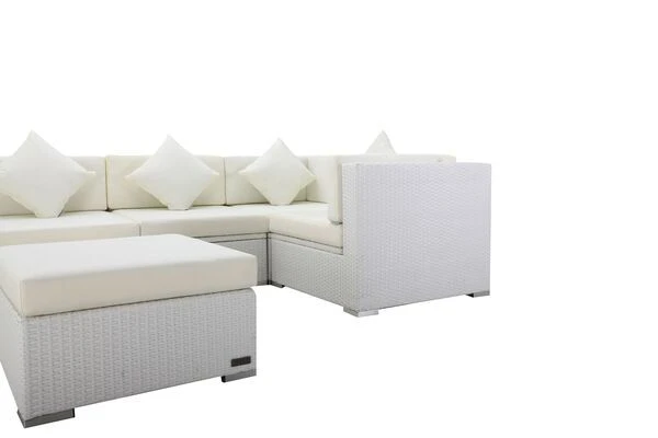OUTFLEXX Loungemöbel Polyrattan, Weiß, Für 5 Personen, Inkl. Kaffeetisch, Wasserfeste Kissenbox 8 OUTFLEXX Loungemöbel Polyrattan, Weiß, Für 5 Personen, Inkl. Kaffeetisch, Wasserfeste Kissenbox – Bild 6
